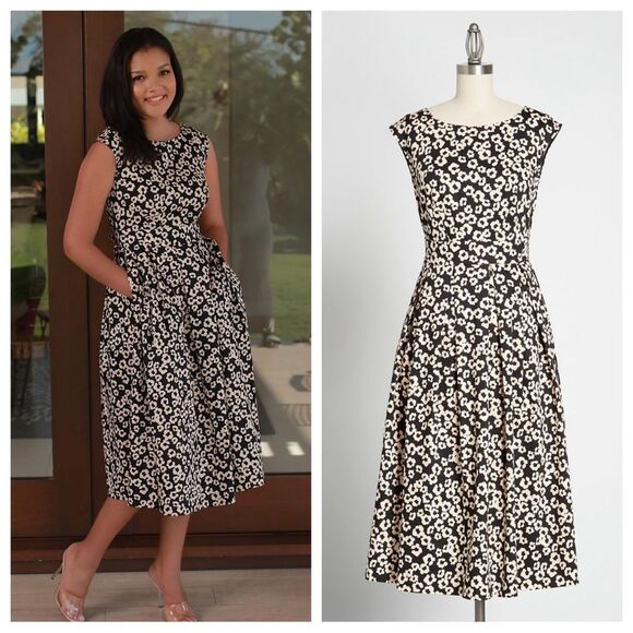 Modcloth Closet London Midi Dress Floral Black Cream US 12 - Picture 1 of 12